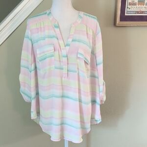 Torrid Harper Pink Aqua Pastel 3/4 Roll Tab Sleeve Top Blouse 2X